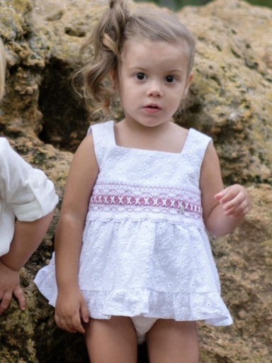 Nekenia Vestido Bebé Vuelo Algodón Bordado Bolillos Contraste Rosa con Braguita 2421015