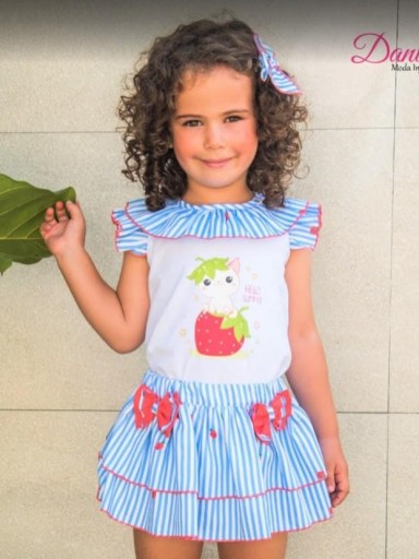 Daniesty Conjunto Camiseta Blanca Serigrafia Falda Braga Estampado rayas y Fresas Familia Fresia 013 [0]