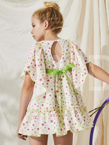 Nekenia Vestido Infantil Estampado Estrellas Volantes Cinturón Verde 23VV37