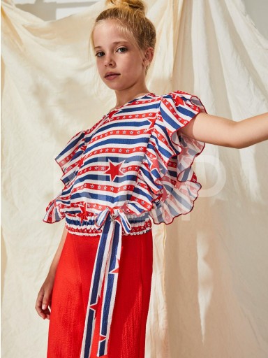 Nekenia Conjunto Infantil Top Rayas Estrellas Volantes Pantalón Largo Rojo 23VC02