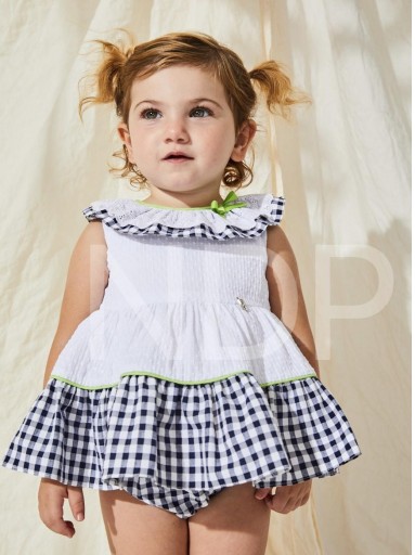 Vera by Nekenia Vestido Bebé Blanco con Braguita Cuadros Marino Vivo Lima Cuello Volante23VC10