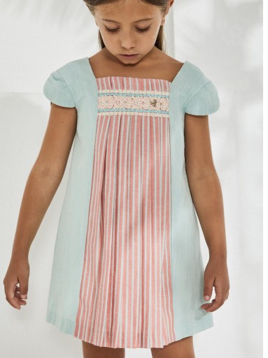 Nekenia Vestido Infantil Ceremonia Bicolor Frontal Rayas Coral Tablas Lateral Verde 2321843 [1]