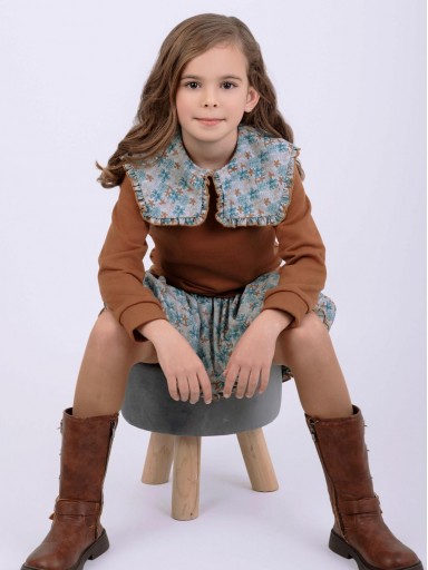 Nekenia Conjunto Infantil Sudadera Camel Falda Estampado Flores Azul "Mercurio" 2511015