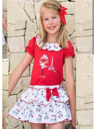 Daniesty Conjunto Infantil  Falda Estampada Muñecas Camiseta Roja Volante Muñecas Familia Paris 002 [0]