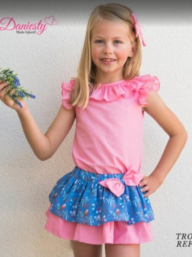 Daniesty Conjunto Infantil Falda Braga Estampado Flores Blusa Plumeti Rosa Familia Tropic 014 [1]