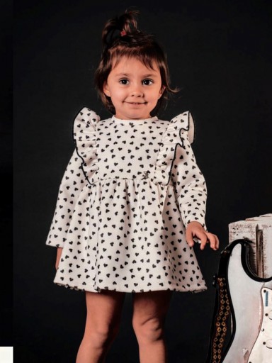 Nekenia Vestido Bebe  Blanco Estampado de Corazones Vivos Negro Volantes Hombros 2311820