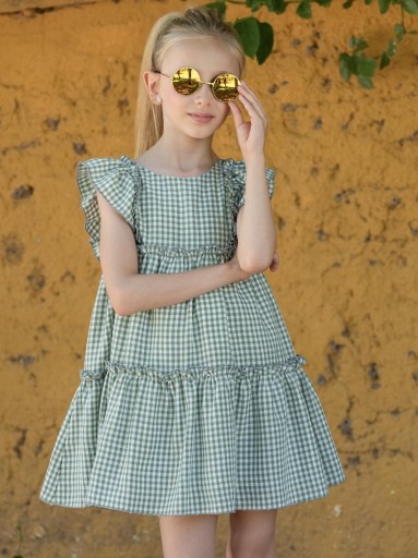 Vera by Nekenia vestido infantil Volantes Cuadro vichy Verde Kaki Lazada Espalda "Arena" 26VV04