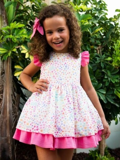 Daniesty Vestido Infantil Estampado de Flores Volantes Rosa Familia Viena 002 [0]