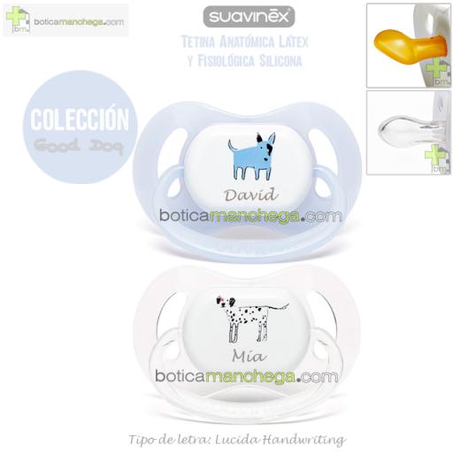 Suavinex Pack 2 Chupetes Personalizados Colección Good Dog, Modelos Azul Bull Terrier + Transparente Dálmata, Tetina Anatómica Látex o Fisiológica Silicona [1]
