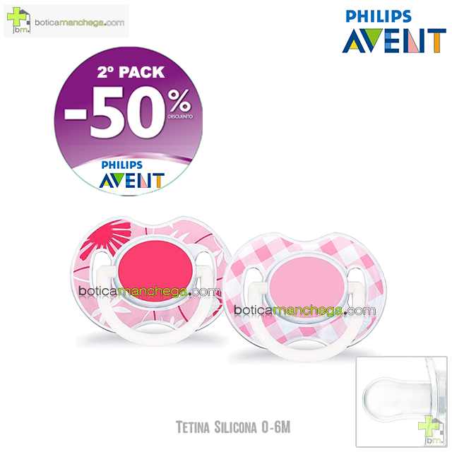 PROMO- Pack 2 Chupetes 0-6M Tetina Silicona Philips Avent Mod. Classic Deco Rosa, 2º Pack -50% Descuento 