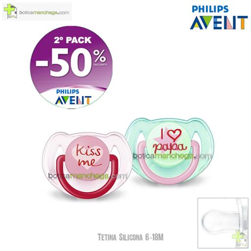 PROMO- Pack 2 Chupetes 6-18M Tetina Silicona Philips Avent Mod. Kiss Me + I Love Papá, 2º Pack -50% Descuento 