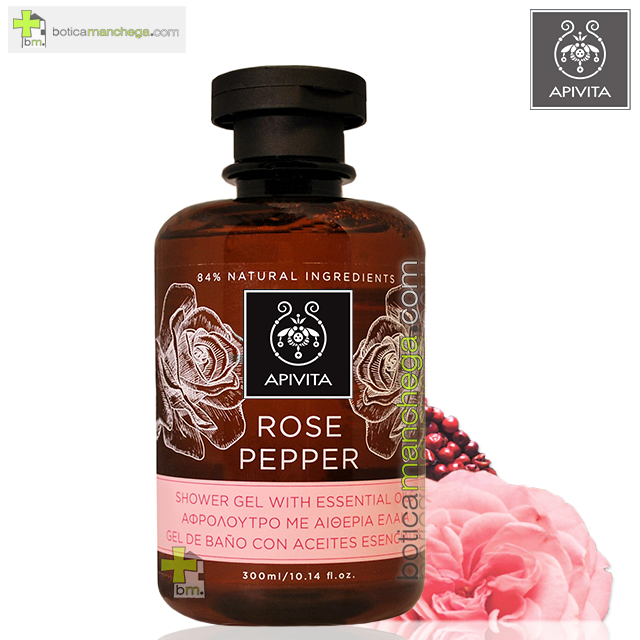 Rose Pepper Gel de Baño con Aceites Esenciales Rosa de Bulgaria y Pimienta Negra Apivita, 300 ml
