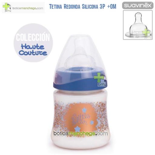 Biberón PREMIUM +0M Suavinex Colección Haute Couture Icons Modelo Little Star Azul, Tetina Redonda 3 Posiciones Silicona, 150 ml [0]
