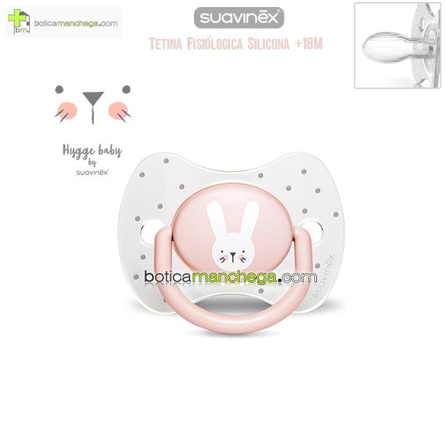 Chupete Premium +18M Suavinex Colección Hygge Baby Mod. Rosa Empolvado/Transparente Conejito, Tetina Fisiológica Silicona