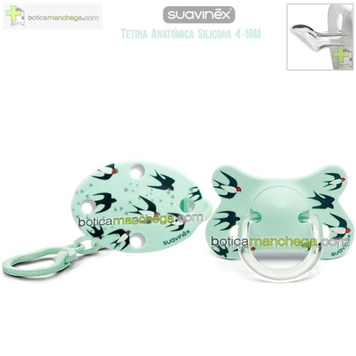 Pack Suavinex 4-18M Chupete Fusion Tetina Anatómica Silicona + Broche Pinza Clip Ovalado - Nueva Colección TOP TRENDS Swallows, Mod. Golondrinas Mint [0]