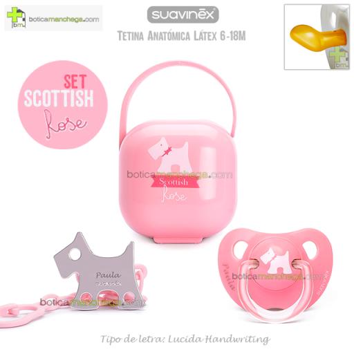 Set Scottish Rose et Bleu 6-18M Suavinex Rosa Chupete Evolution Látex + Broche Jewel Clip personalizados + Portachupetes [1]