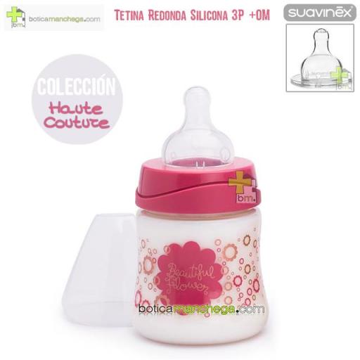 Biberón PREMIUM +0M Suavinex Colección Haute Couture Icons Modelo Beautiful Flower, Tetina Redonda 3 Posiciones Silicona, 150 ml [0]