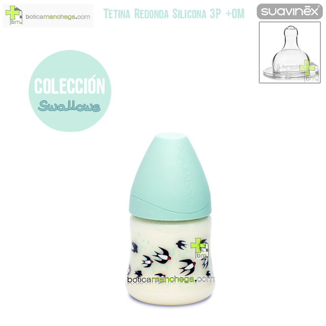 Suavinex Biberón Silicona 150ml +0M Tetina Redonda 3 Posiciones- Nueva Colección TOP TRENDS: Swallows Mint