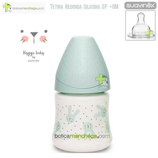Biberón PREMIUM +0M Suavinex Colección Hygge Baby Modelo Conejitos Mint , Tetina Redonda 3 Posiciones Silicona, 150 ml