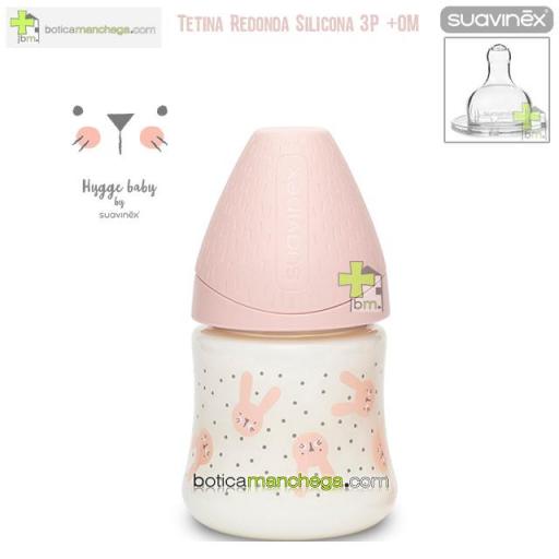 Biberón PREMIUM +0M Suavinex Colección Hygge Baby Modelo Conejitos Rosa Empolvado , Tetina Redonda 3 Posiciones Silicona, 150 ml