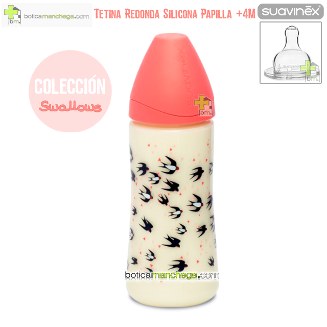 Suavinex Biberón Silicona 360 ml +4M Tetina Redonda Papilla- Nueva Colección TOP TRENDS: Swallows