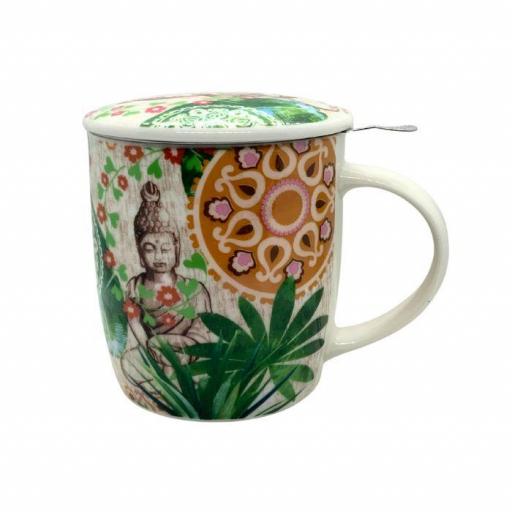 Taza verde con Buda con tapa e infusor